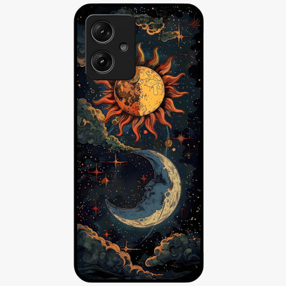 Sun And Moon Magic Design Glass Case showing flat back view with mystical sun and moon artwork and glossy glass finish.