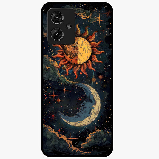Sun And Moon Magic Design Glass Case showing flat back view with mystical sun and moon artwork and glossy glass finish.
