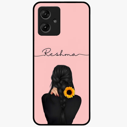 Sunflower Braid Beauty With Custom Name Glass Case showing flat back view with sunflower braid artwork and personalized name design.