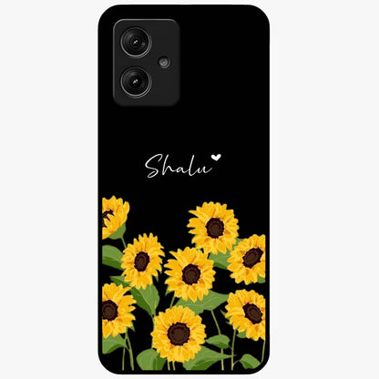 Sunflower Chic Mood Custom Name Glass Case showing flat back view with stylish sunflower artwork and personalized name design.