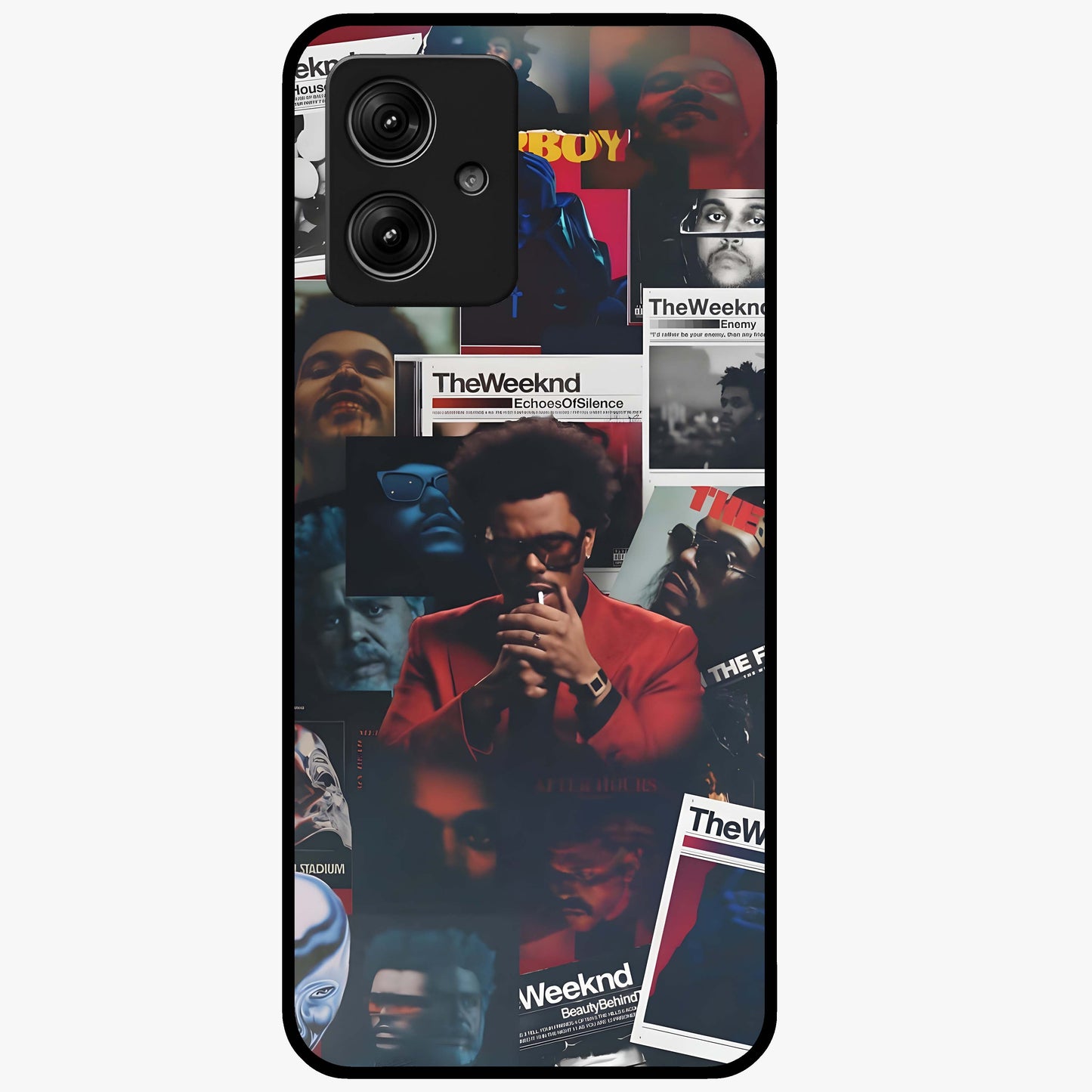 The Weeknd Glass Case showing flat back view with music inspired artistic portrait artwork and glossy glass finish.