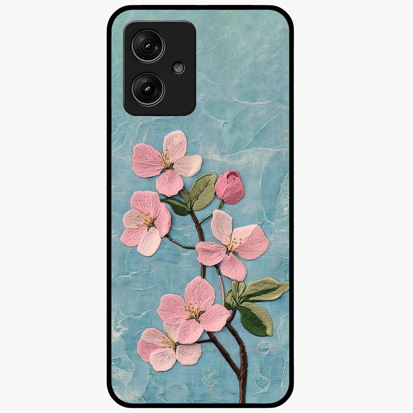 Threaded Blossom Breeze Glass Case showing flat back view with delicate blossom artwork and glossy glass finish.