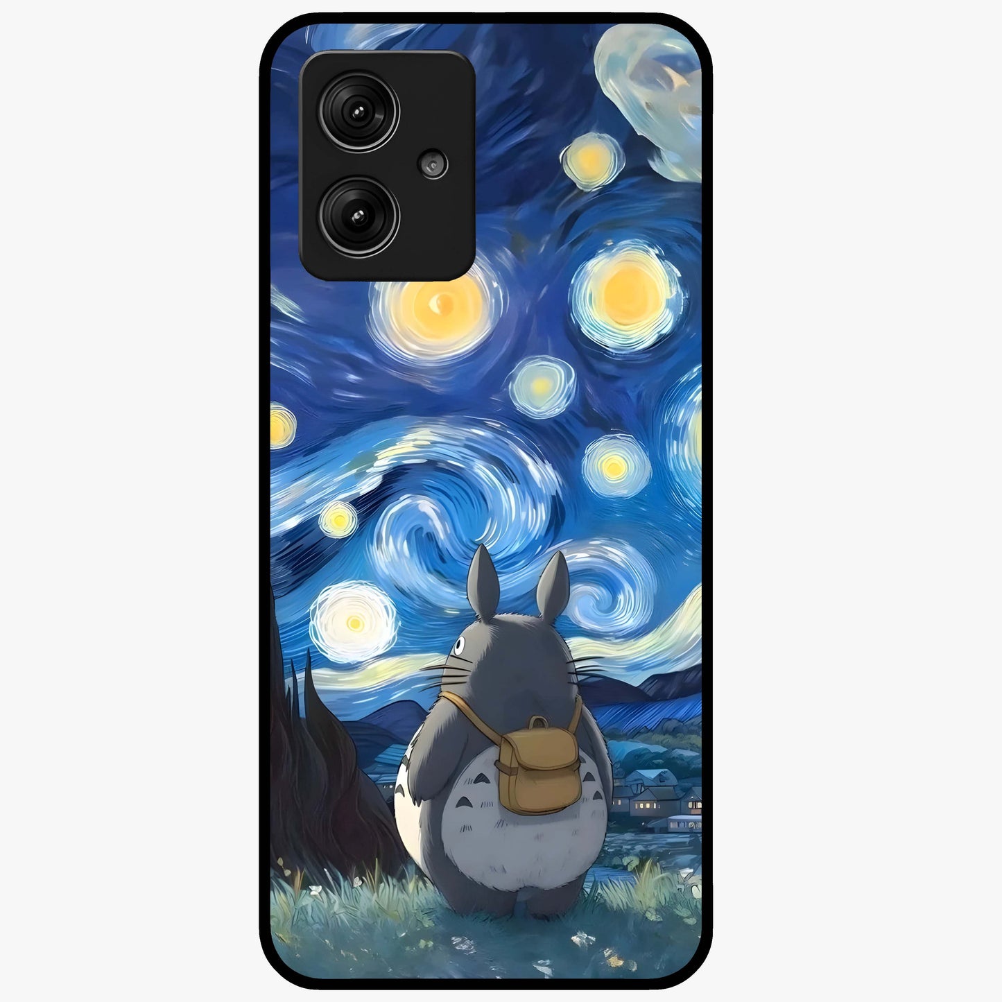Totoro In Van Gogh Art Glass Case showing flat back view with whimsical character artwork inspired by Van Gogh style and glossy glass finish.