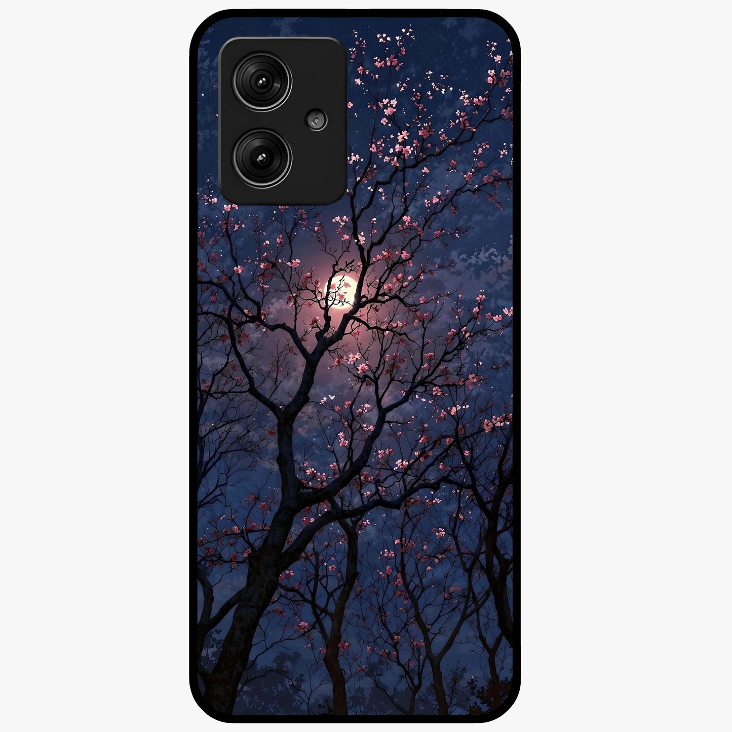 Twilight Sakura Serenade Glass Case showing flat back view with cherry blossom artwork at twilight and glossy glass finish.