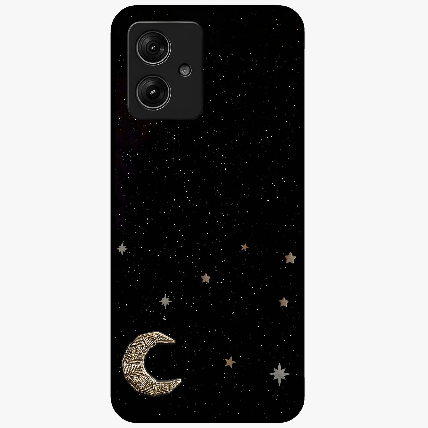 Twinkle Star With Half Moon Glass Case showing flat back view with star and half moon artwork and glossy glass finish.