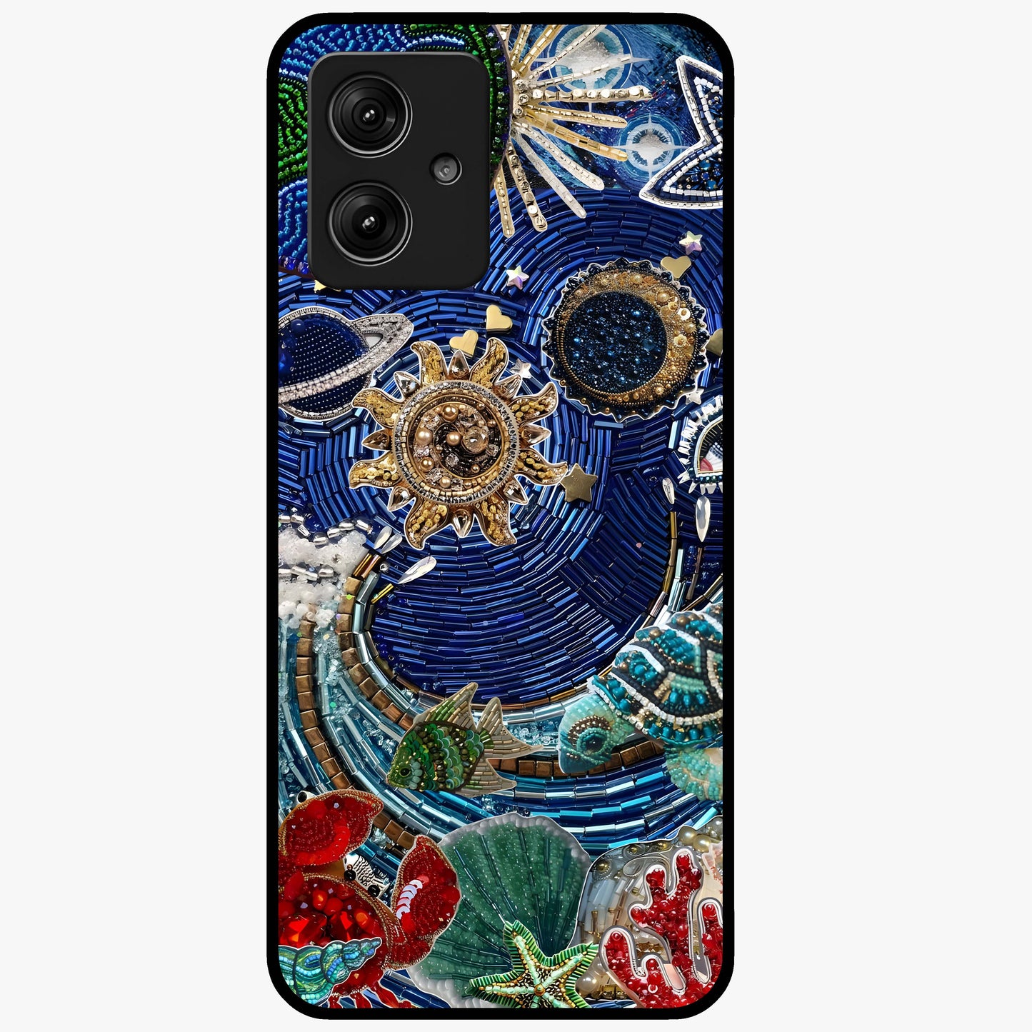 Universe Underwater Spark Glass Case showing flat back view with cosmic underwater themed artwork and glossy glass finish.