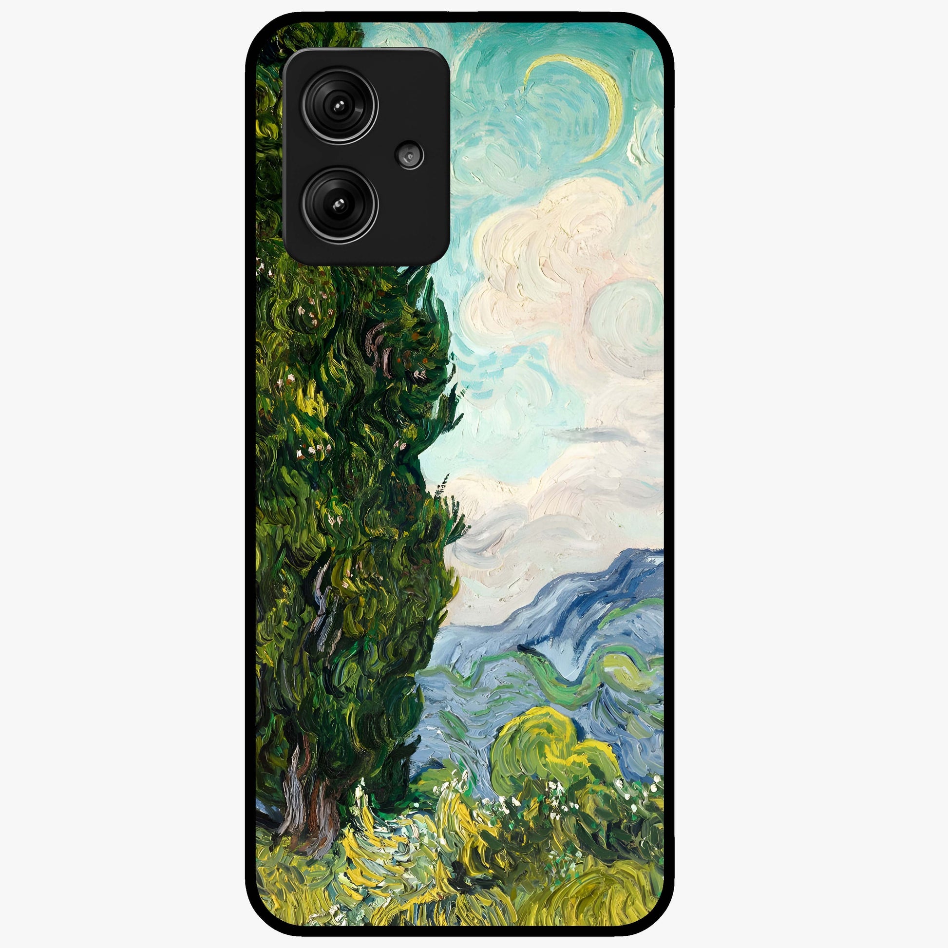 Van Gogh Vintage Art Glass Case showing flat back view with vintage painterly artwork inspired by Van Gogh style and glossy glass finish.
