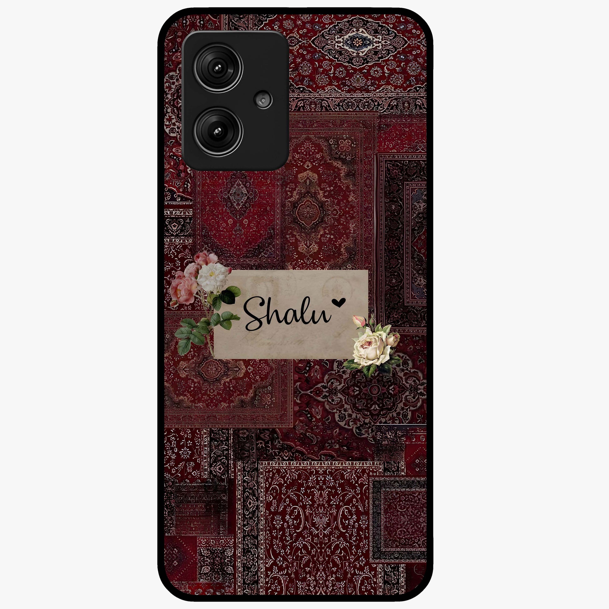 Velvet Wine Pattern Custom Name Glass Case showing flat back view with elegant wine colored pattern artwork and personalized name design.