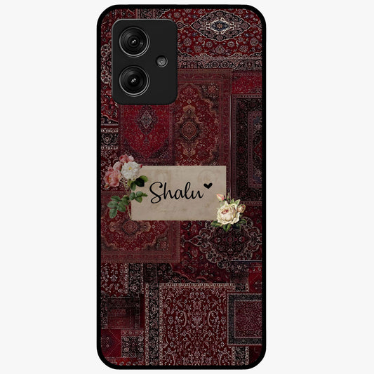 Velvet Wine Pattern Custom Name Glass Case showing flat back view with elegant wine colored pattern artwork and personalized name design.