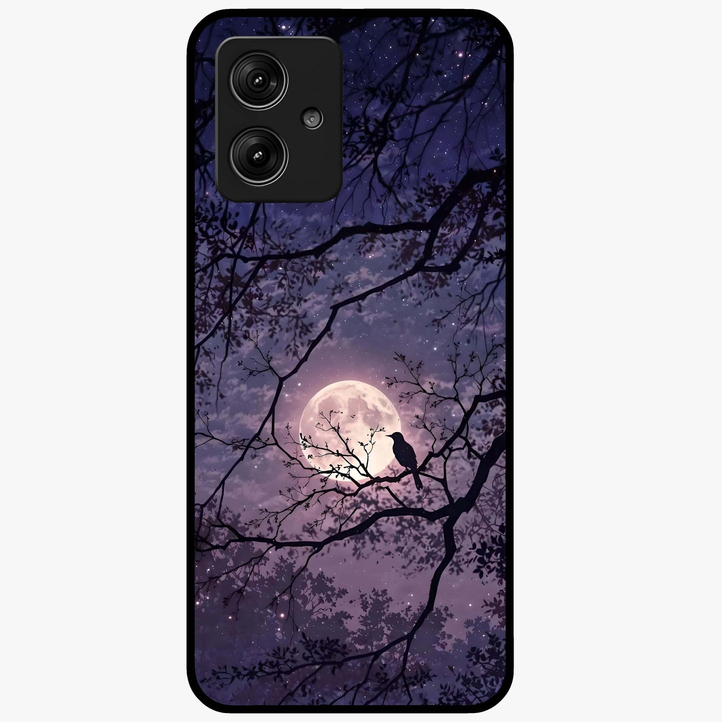 Whispering Moon Silence Glass Case showing flat back view with serene moon themed artwork and glossy glass finish.