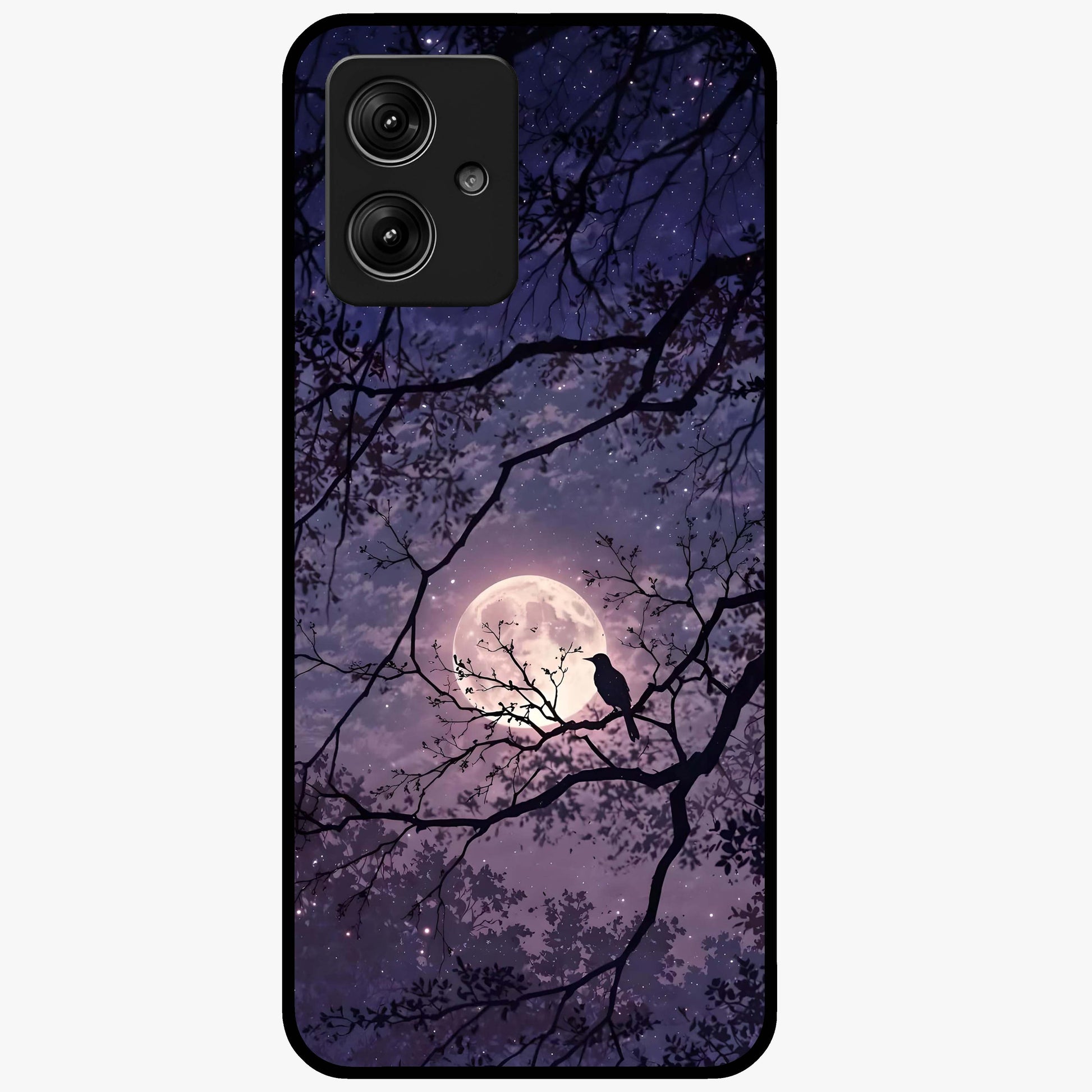 Whispering Moon Silence Glass Case showing flat back view with serene moon themed artwork and glossy glass finish.