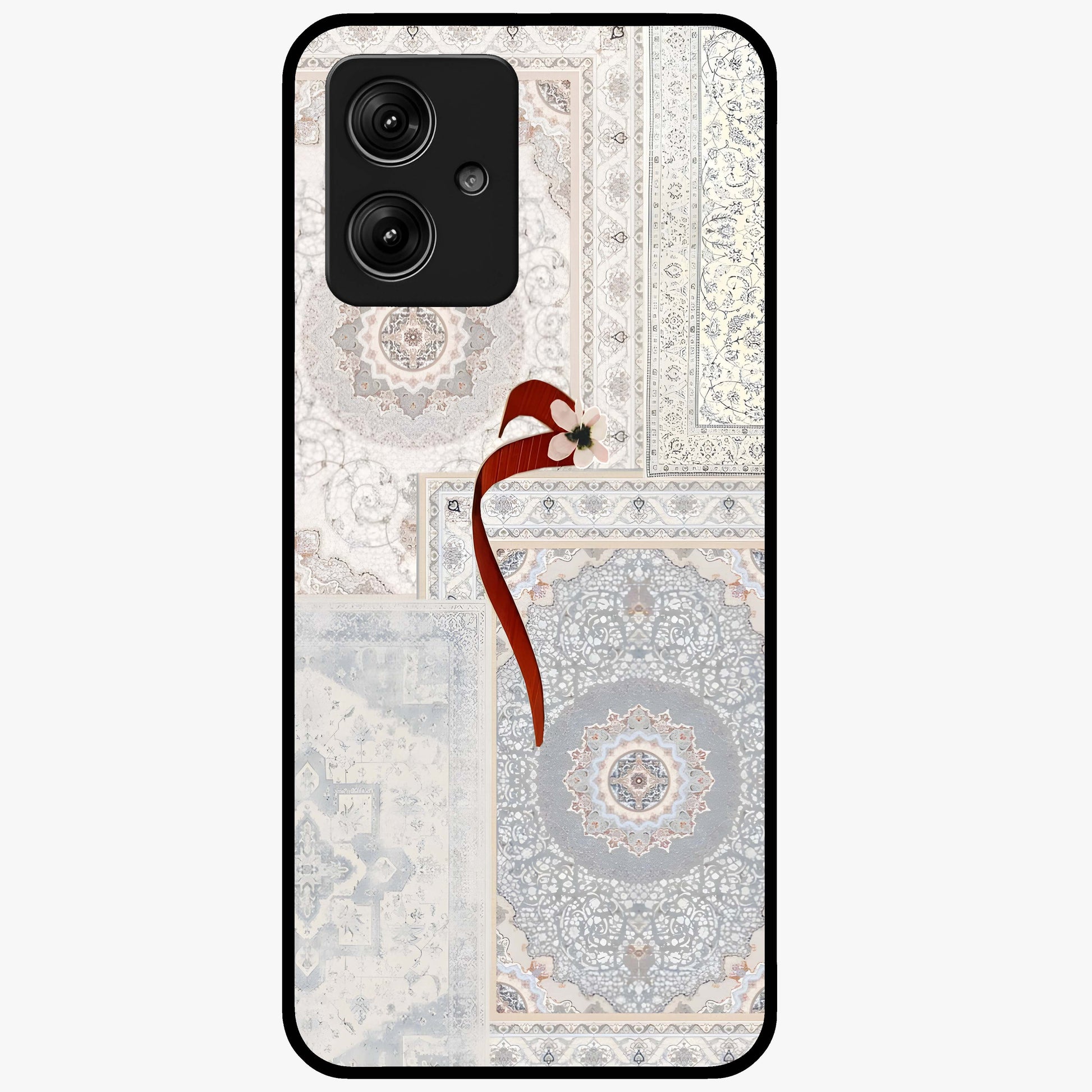 White Aesthetic Bow Glass Case showing flat back view with minimal bow artwork and glossy glass finish.