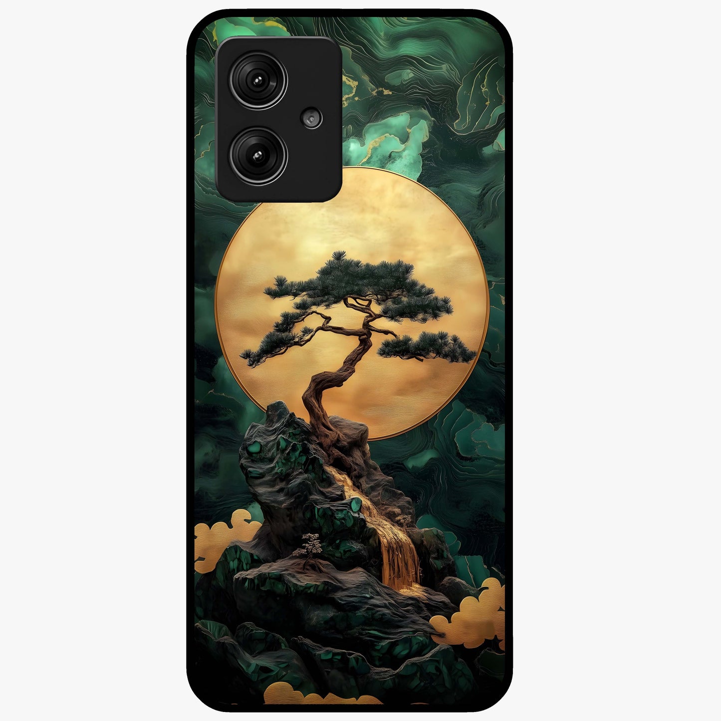 Zen Moon Rise Glass Case showing flat back view with calm moonrise artwork and glossy glass finish.