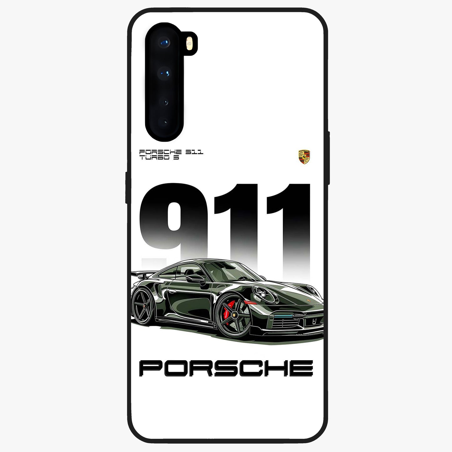 911 Turbo Dominance Glass Case showing clean flat back view with bold 911 sports car artwork and glossy glass finish.
