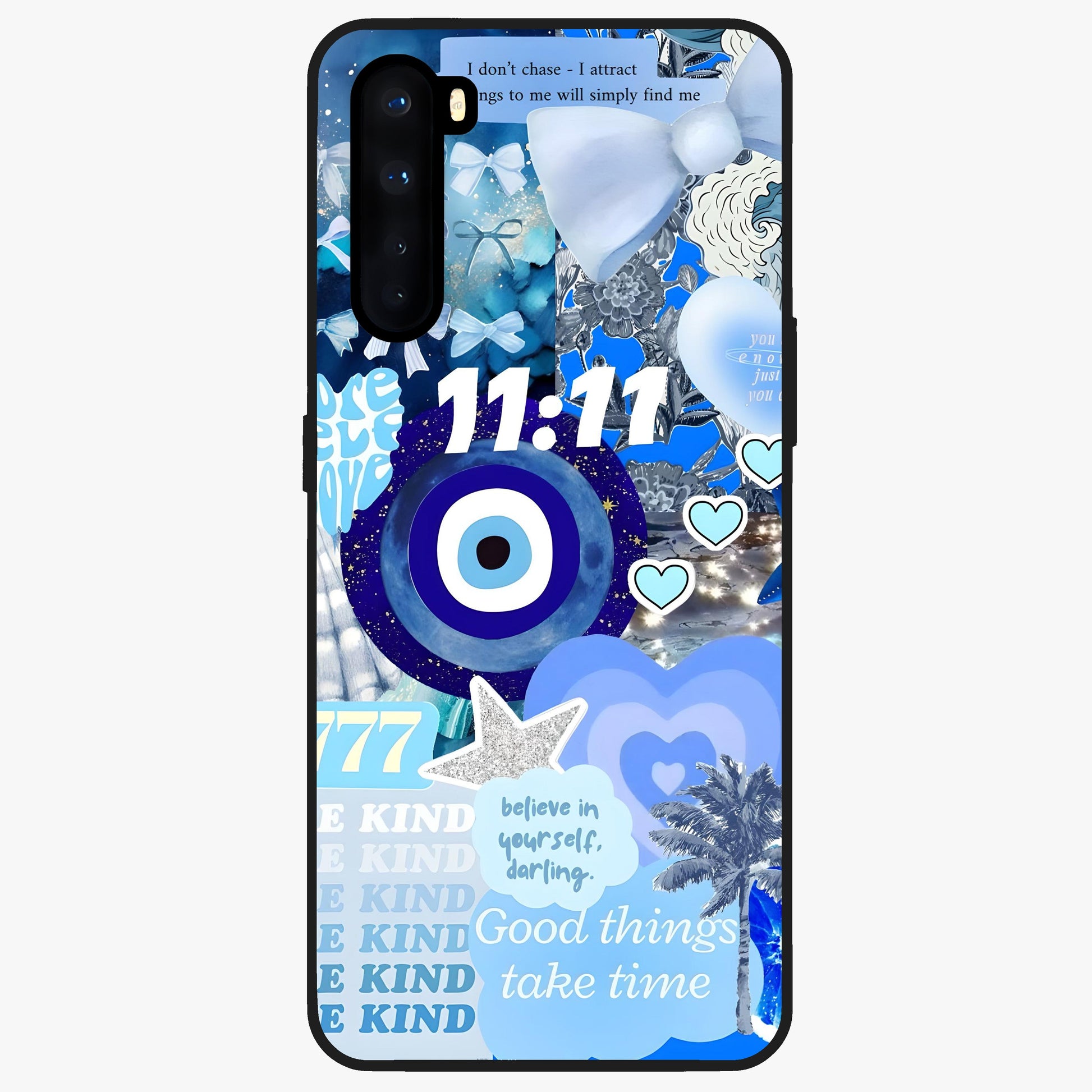 Aesthetic Be Kind Eye Glass Case showing flat back view with motivational eye artwork and glossy glass finish.