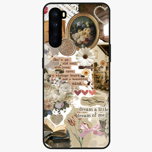 Aesthetic Brown Vintage Collage Glass Case showing flat back view with retro collage artwork and glossy glass finish.