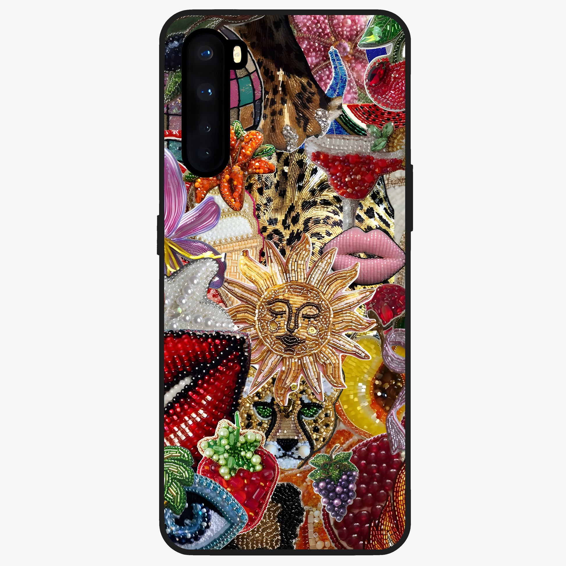 Beaded Fashion Jungle Glass Case showing flat back view with vibrant jungle inspired bead artwork and glossy glass finish.