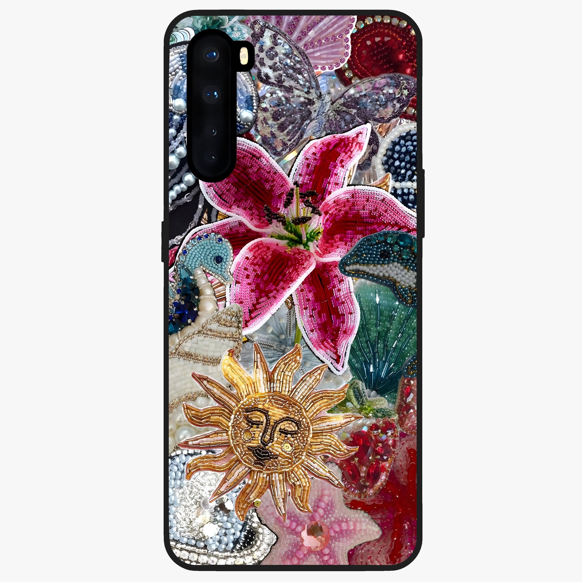 Beaded Garden Fantasy Glass Case showing flat back view with dreamy garden bead artwork and glossy glass finish.