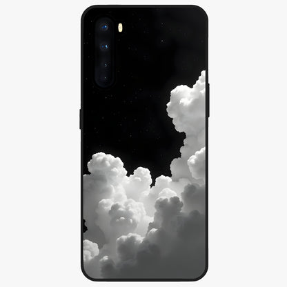 Black Background With White Cloud Glass Case showing flat back view with minimal cloud artwork on dark background and glossy glass finish.