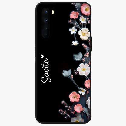 Black Elegance Floral Custom Name Glass Case showing flat back view with elegant floral artwork and personalized name design.