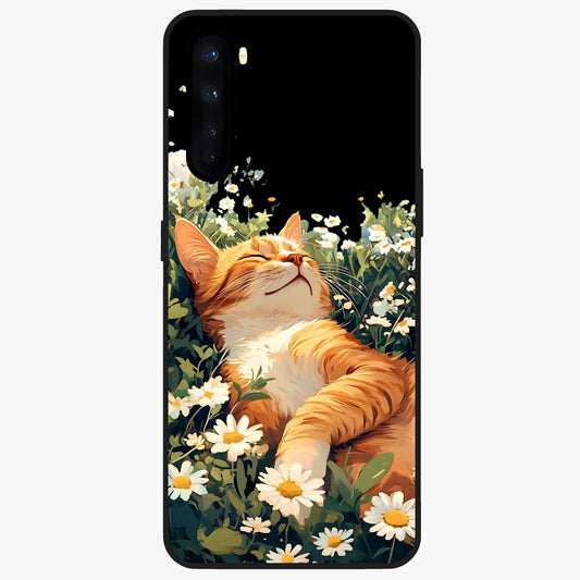 Blissful Bloom Cat Glass Case showing flat back view with cute cat and floral bloom artwork and glossy glass finish.