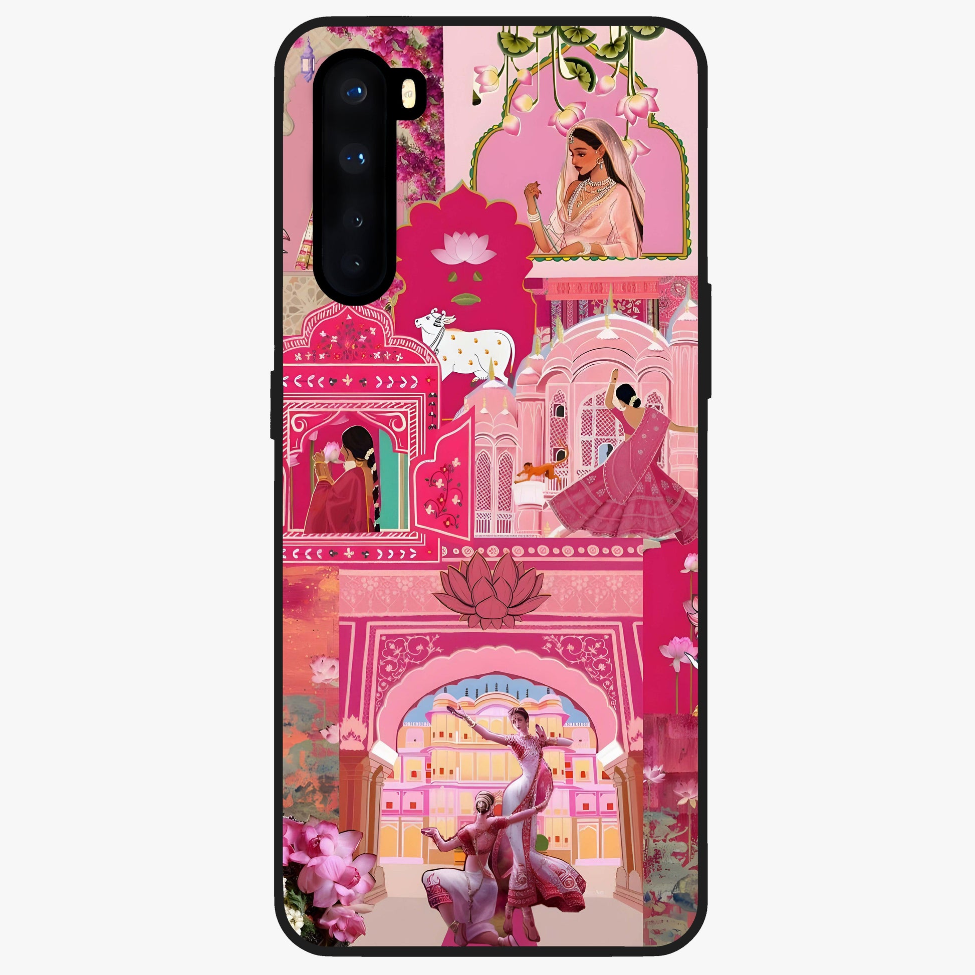 Blossoms of Rajasthan Glass Case showing flat back view with traditional floral artwork inspired by Rajasthan and glossy glass finish.