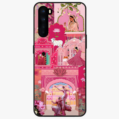 Blossoms of Rajasthan Glass Case showing flat back view with traditional floral artwork inspired by Rajasthan and glossy glass finish.