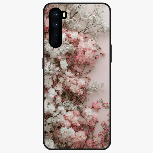 Blush Blossom Cloud Glass Case showing flat back view with dreamy blush cloud blossom artwork and glossy glass finish.
