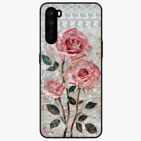 Blush Mosaic Bloom Glass Case showing flat back view with mosaic floral bloom artwork and glossy glass finish.