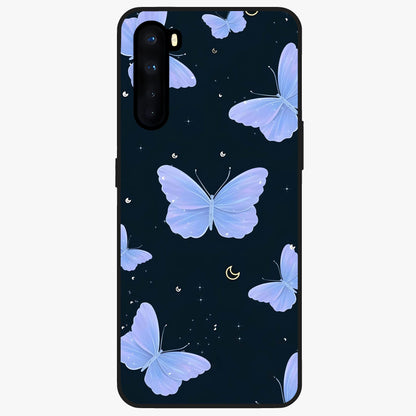 Butterfly With Stars Pattern Glass Case showing flat back view with butterfly and star pattern artwork and glossy glass finish.