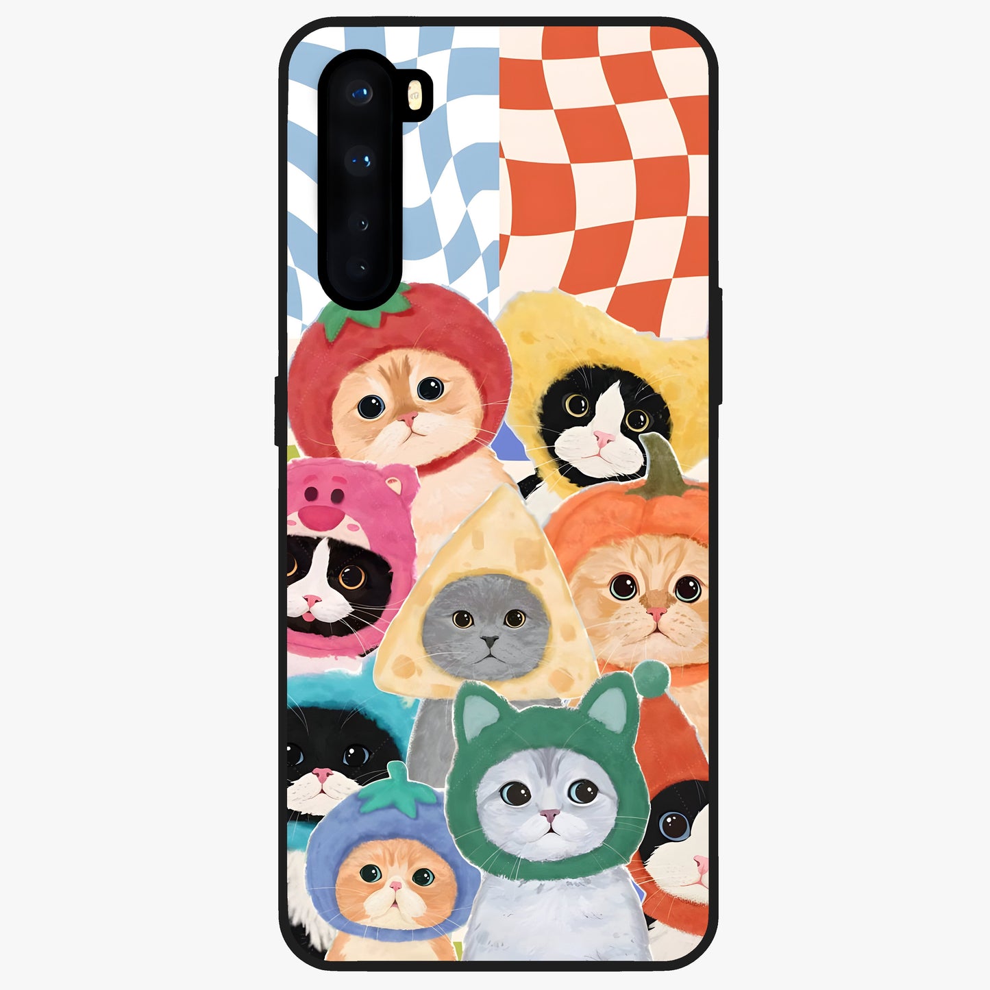 Cats in Fruits Glass Case showing flat back view with playful cat illustrations inside fruit artwork and glossy glass finish.