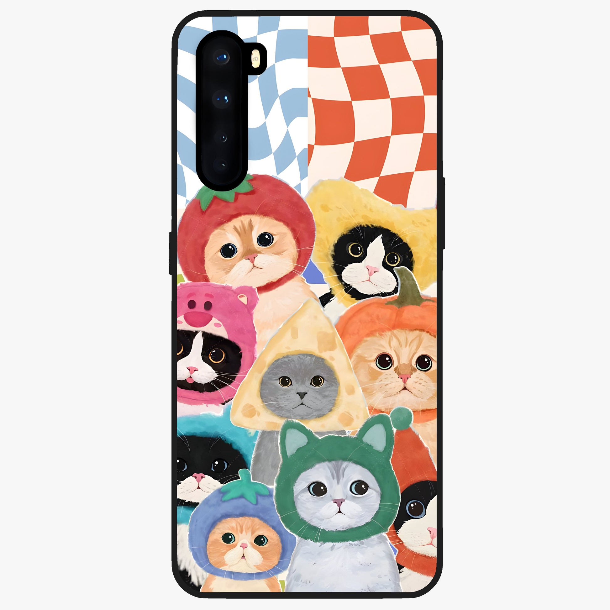 Cats in Fruits Glass Case showing flat back view with playful cat illustrations inside fruit artwork and glossy glass finish.