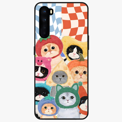 Cats in Fruits Glass Case showing flat back view with playful cat illustrations inside fruit artwork and glossy glass finish.