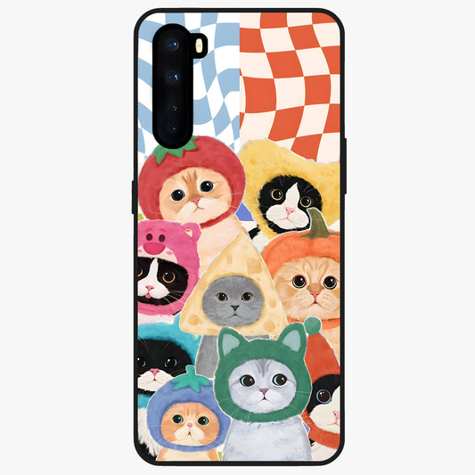 Cats in Fruits Glass Case showing flat back view with playful cat illustrations inside fruit artwork and glossy glass finish.