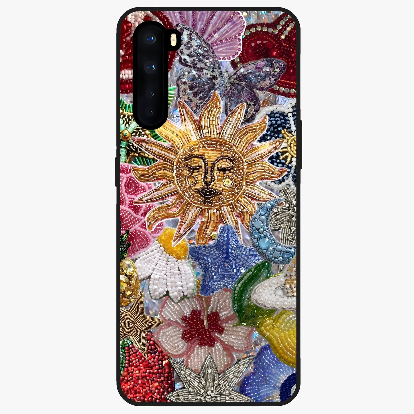 Celestial Floral and Playful Glass Case showing flat back view with floral and celestial themed artwork and glossy glass finish.