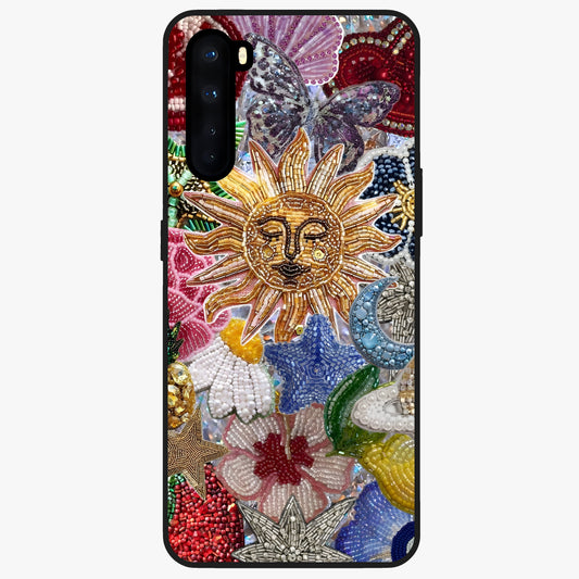 Celestial Floral and Playful Glass Case showing flat back view with floral and celestial themed artwork and glossy glass finish.