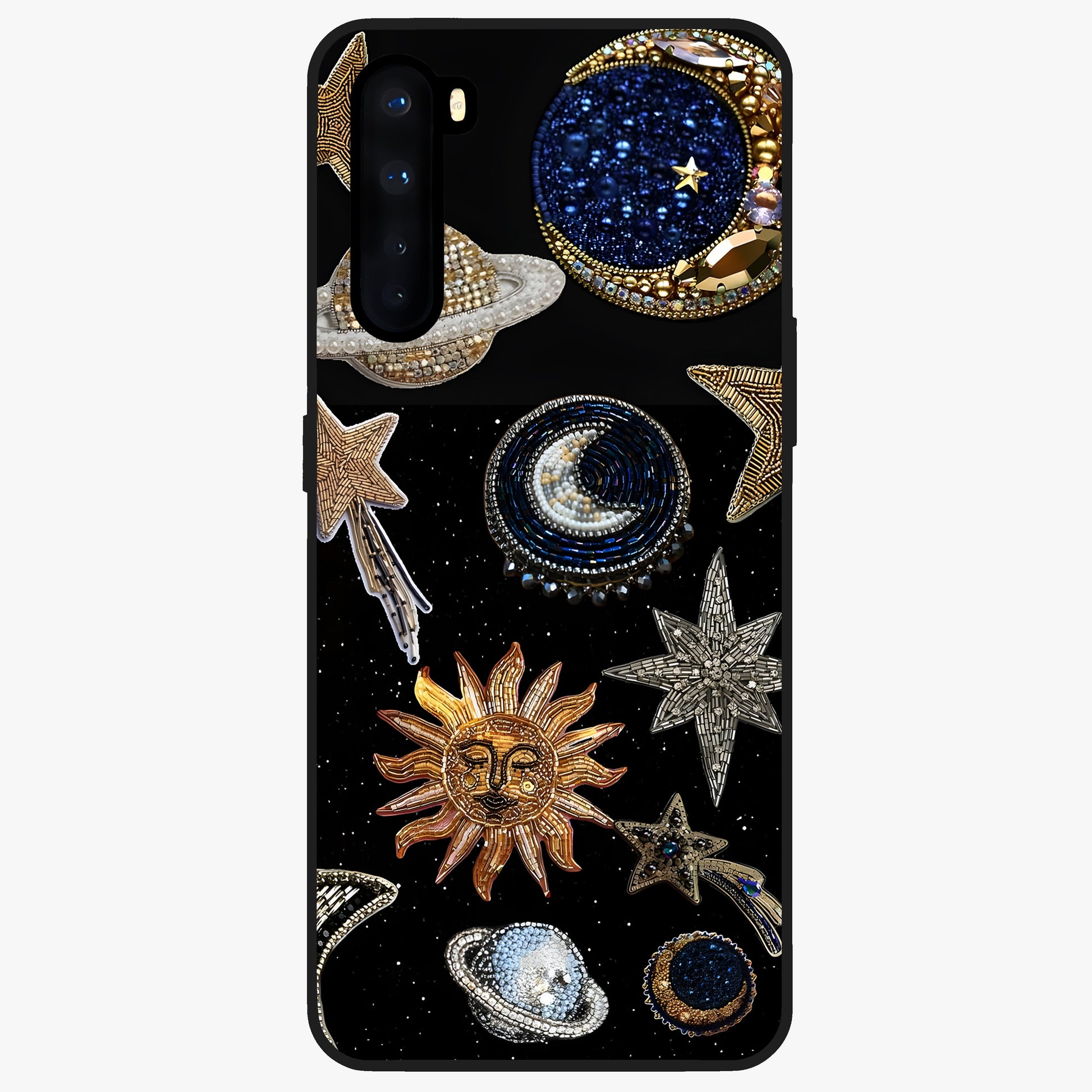 Celestial Gem Constellations Glass Case showing flat back view with sparkling constellation artwork and glossy glass finish.
