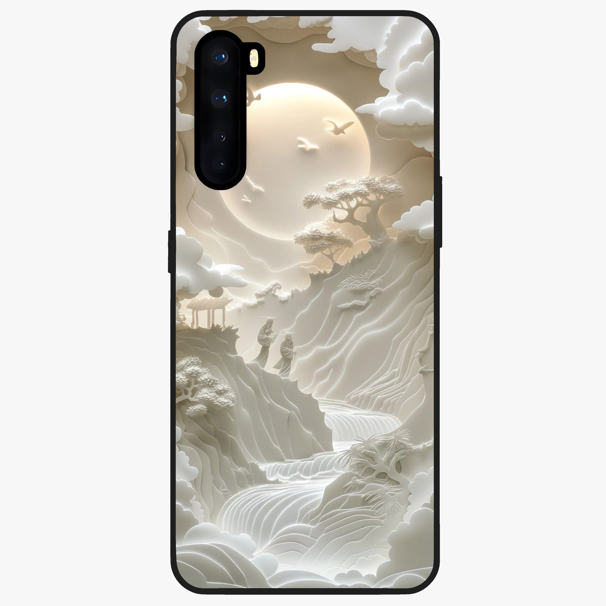 Celestial Origami Glass Case showing flat back view with artistic origami inspired celestial artwork and glossy glass finish.