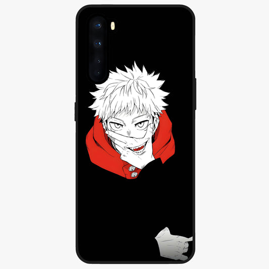 Crimson Chaos Smile Glass Case showing flat back view with bold chaotic smile artwork and glossy glass finish.