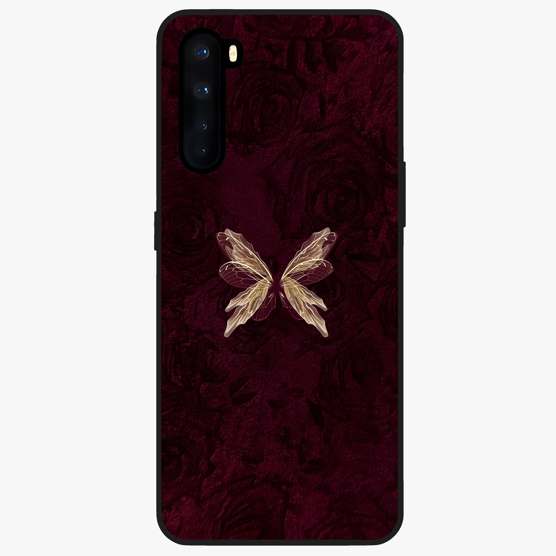 Crimson Fade Butterfly Glass Case showing flat back view with fading butterfly artwork and glossy glass finish.