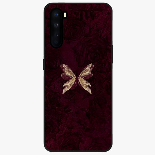 Crimson Fade Butterfly Glass Case showing flat back view with fading butterfly artwork and glossy glass finish.