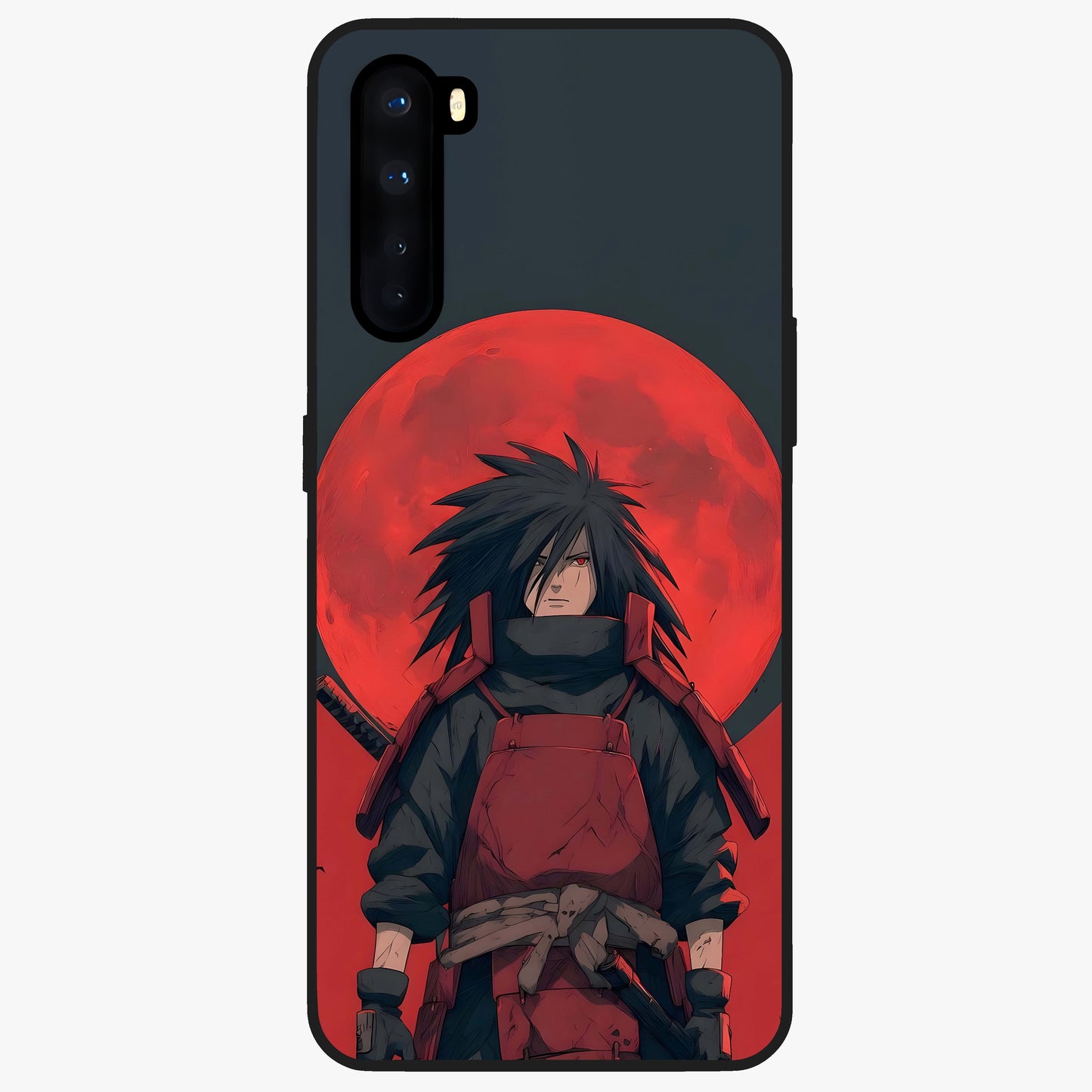 Crimson Moon Warlord Glass Case showing flat back view with mystical moon warrior artwork and glossy glass finish.