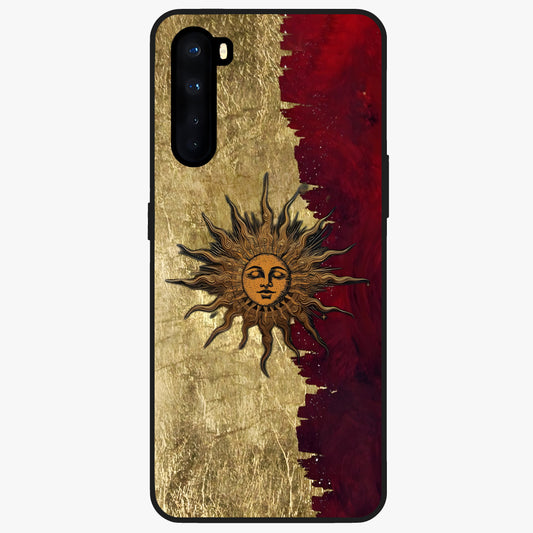 Crimson Sun Majesty Glass Case showing flat back view with radiant sun inspired artwork and glossy glass finish.