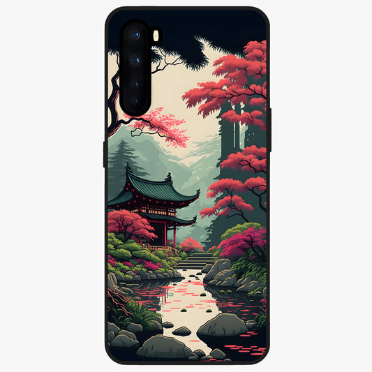Crimson Temple View Glass Case showing flat back view with temple inspired artwork and glossy glass finish.