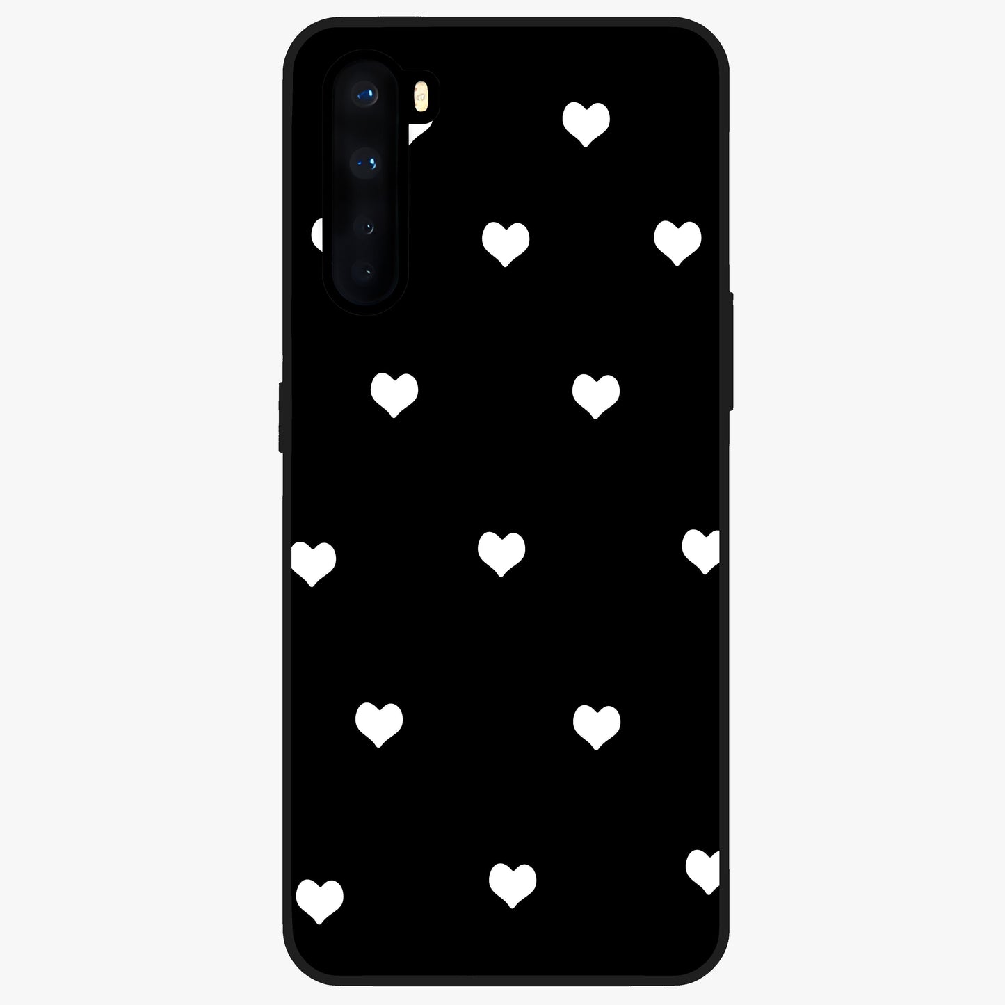 Cute And Simple White Hearts Glass Case showing flat back view with minimal white heart pattern and glossy glass finish.