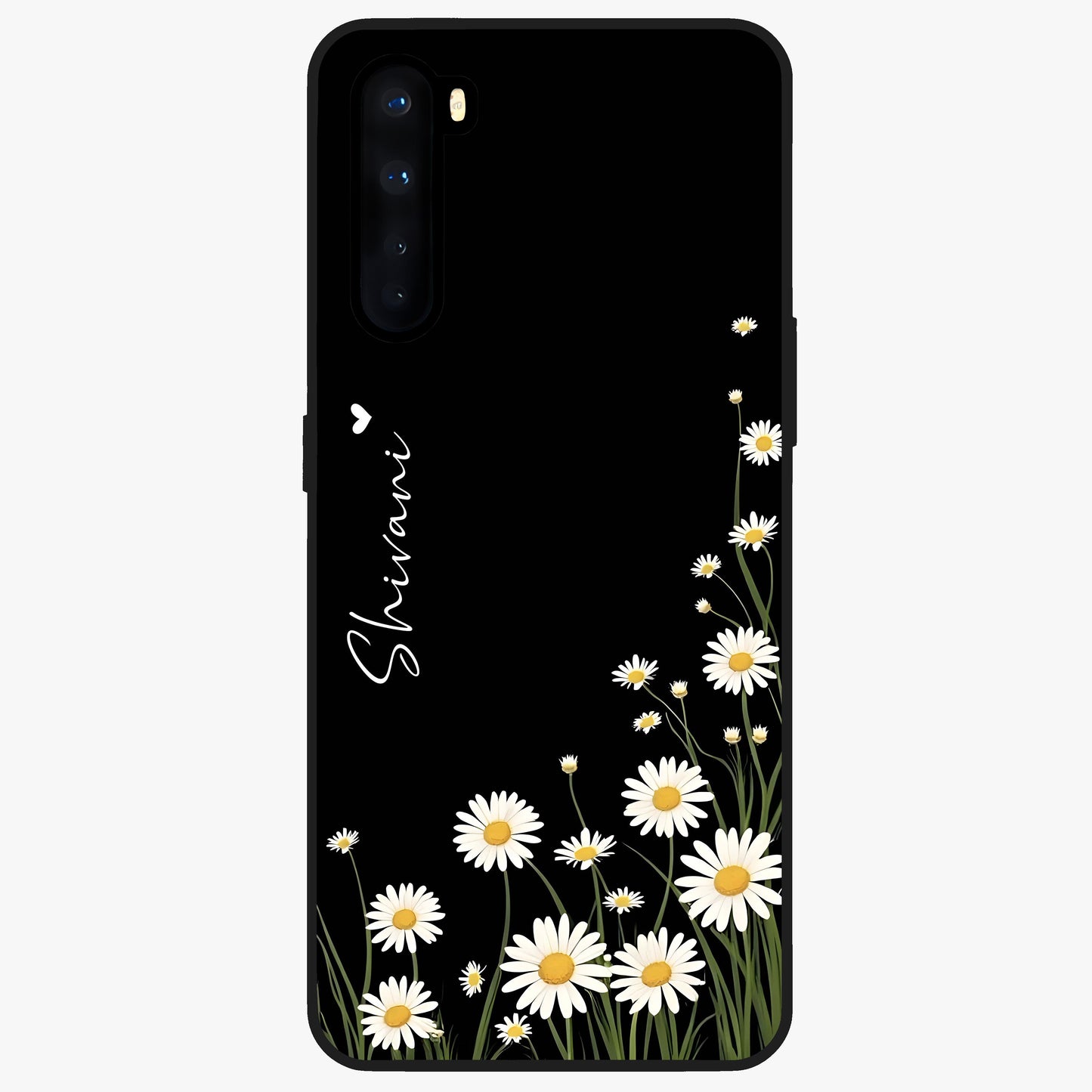 Daisy Cascade Custom Name Glass Case showing flat back view with cascading daisy flowers and personalized name design.