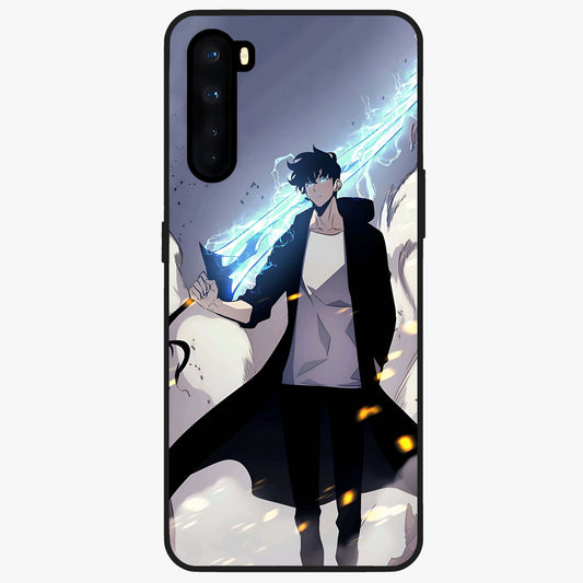 Dark Lightning Anime Warrior Glass Case showing flat back view with intense anime warrior artwork and glossy glass finish.