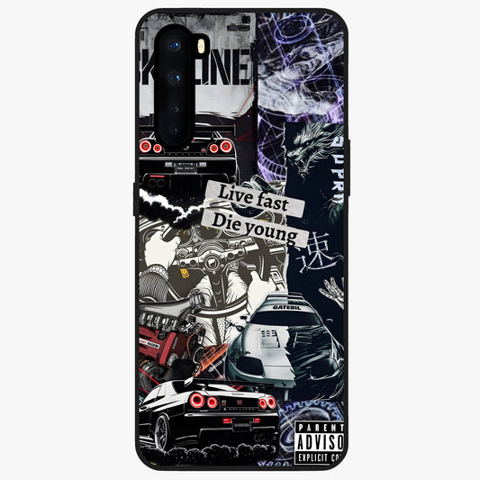 Die Young Glass Case showing flat back view with bold artistic typography design and glossy glass finish.