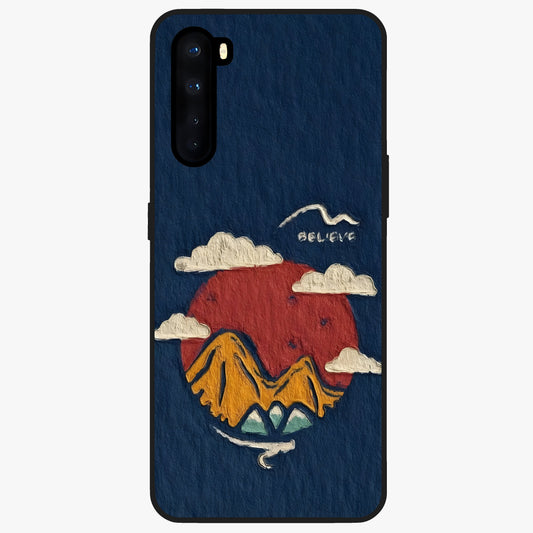 Dream Beyond Mountains Glass Case showing flat back view with scenic mountain landscape artwork and glossy glass finish.
