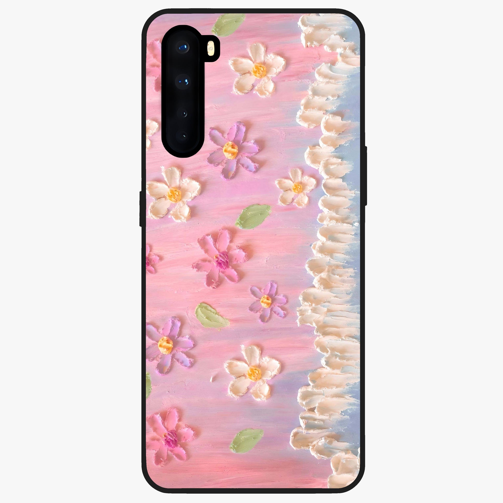 Dreamy Painted Garden Glass Case showing flat back view with artistic painted floral garden artwork and glossy glass finish.